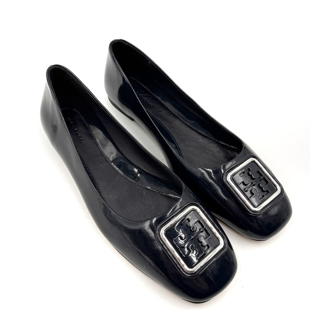 Tory Burch Georgia Ballet Flats Patent Leather Square Toe Logo Black Womens Sz 8